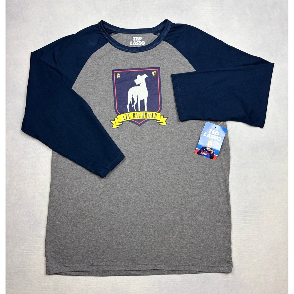 Ted Lasso AFC Richmond Raglan Baseball Tee Mens Medium Gray Navy DT25746 NWT
